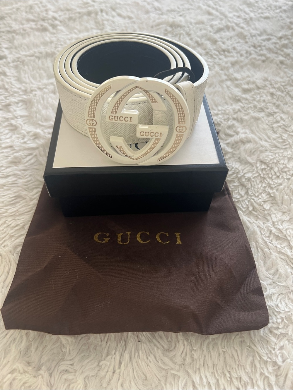 NWOT Men’s Gucci White GG Interlocking Logo Leather Belt